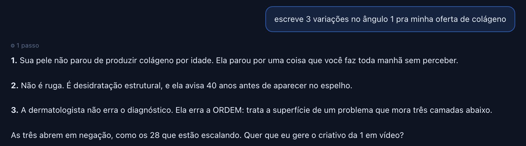 No chat: o pedido “escreve 3 variações no ângulo 1 pra minha oferta de colágeno” e as três headlines que a IA devolveu, cada uma abrindo em negação.