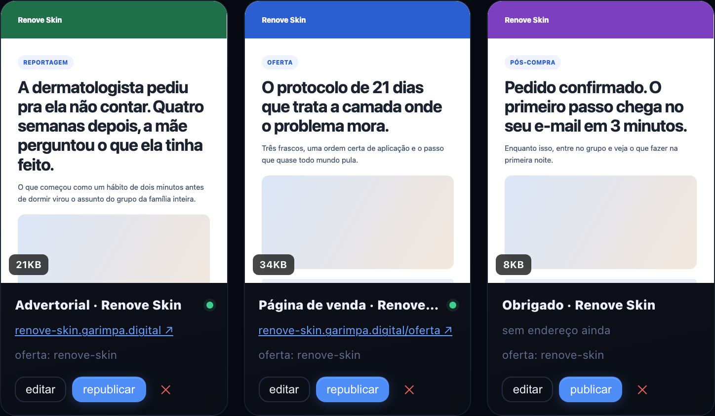 A tela de Sites depois de um clone: advertorial, página de venda e página de obrigado remontadas, cada uma com prévia da página, endereço no ar e botão de publicar.